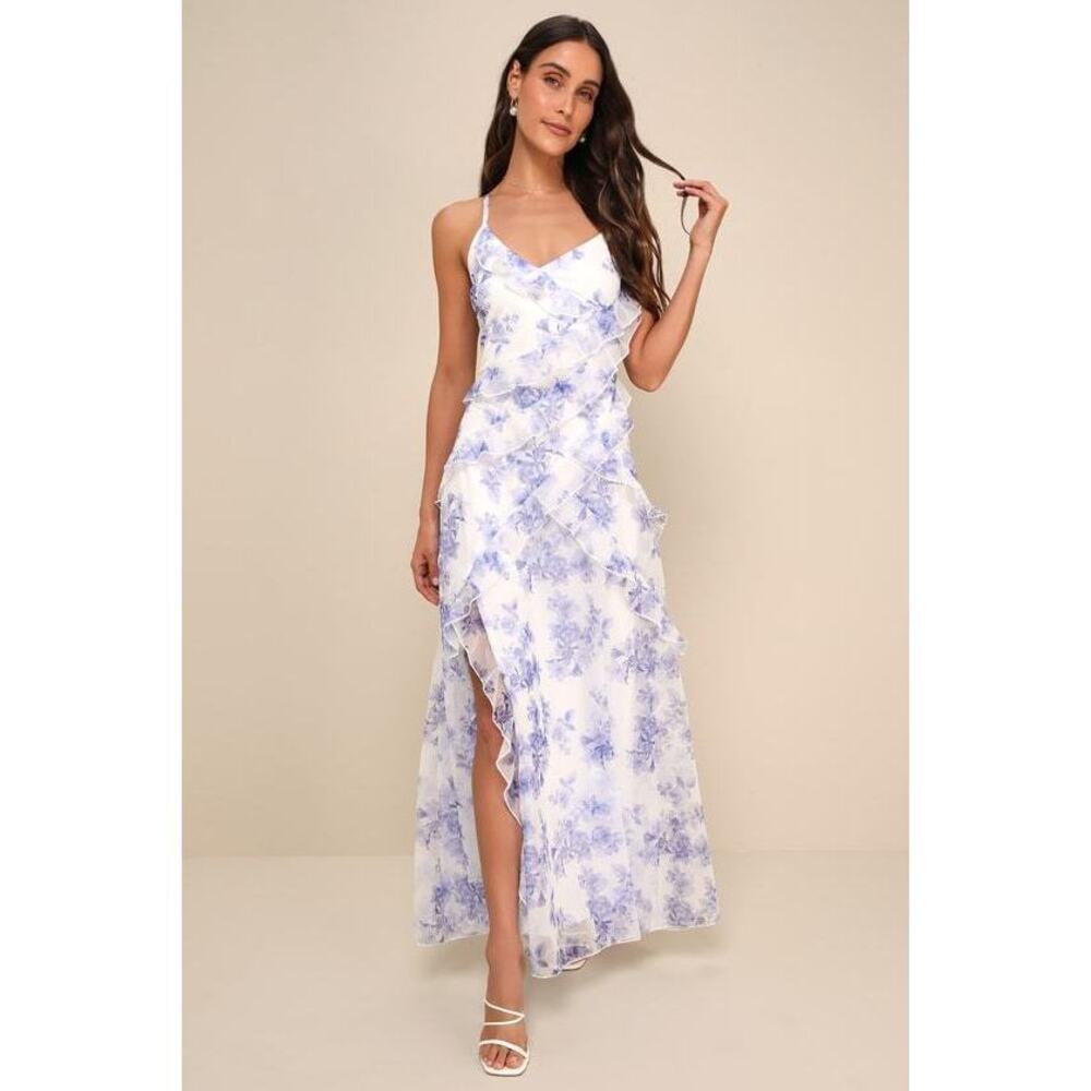 Lulus So Gorgeous White And Blue Floral Ruffled Lace-up Maxi Dress - Size M